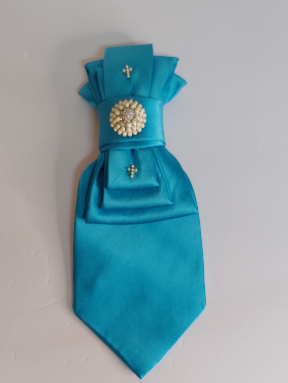 Puritan Teal Satin Hair Bow with Pearl Cluster